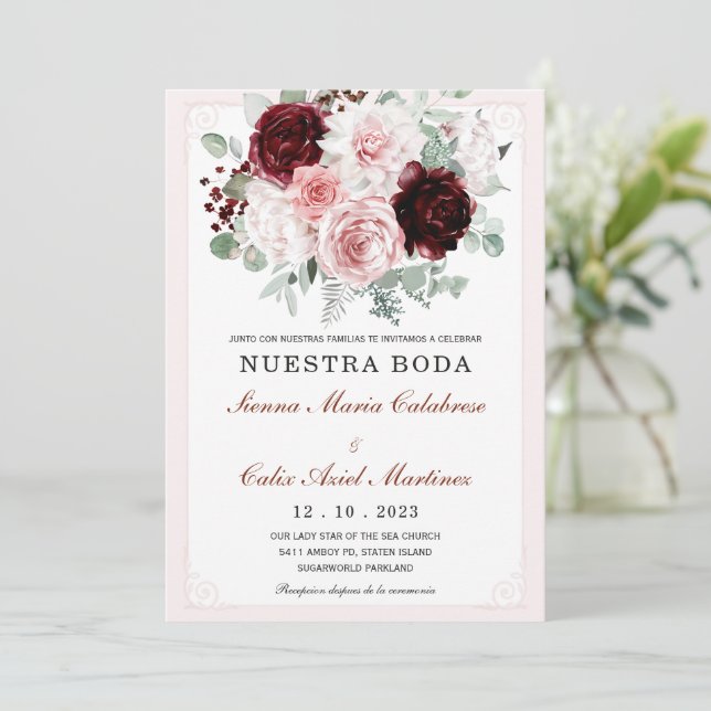 Invitación De Boda Floral Elegante Con Rosas (Anverso de pie)