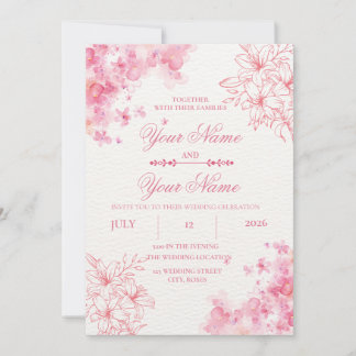 Invitación de boda floral elegante con tono rosa
