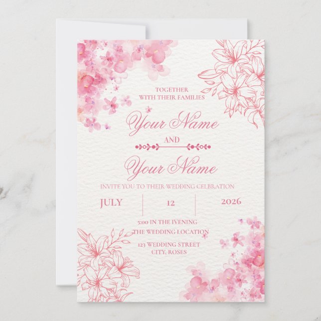 Invitación de boda floral elegante con tono rosa (Anverso)