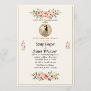Invitación de boda floral elegante con tono rosa y