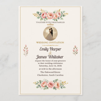 Invitación de boda floral elegante con tono rosa y