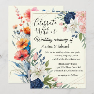 Invitación de boda floral elegante con tonos azul 