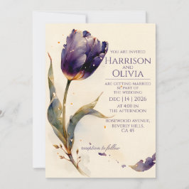 Invitación de boda floral elegante con tulipán púr