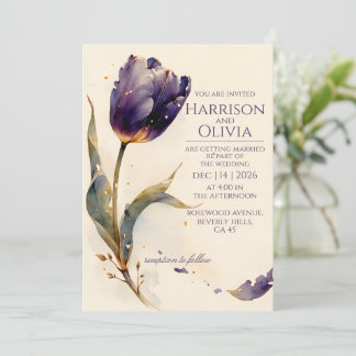 Invitación de boda floral elegante con tulipán púr