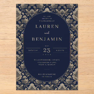 Invitación de boda floral elegante de color azul m