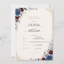 Invitación de boda floral elegante en azul marino