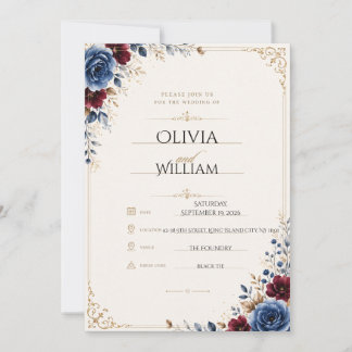 Invitación de boda floral elegante en azul marino