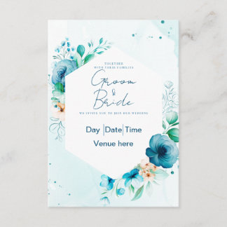 Invitación de boda floral elegante en azul turques