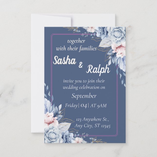 Invitación de boda floral elegante en azul y rosa (Anverso)