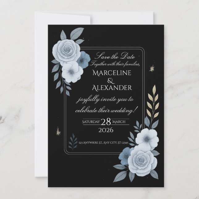 Invitación de boda floral elegante en negro y blan (Anverso)