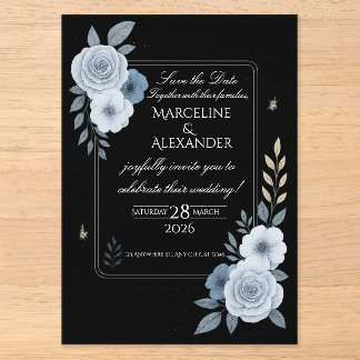 Invitación de boda floral elegante en negro y blan