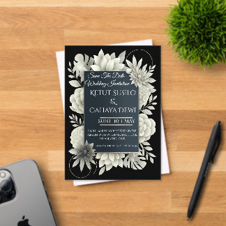 Invitación de boda floral elegante en negro y marf