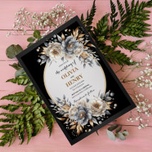 Invitación de boda floral elegante en negro y oro
