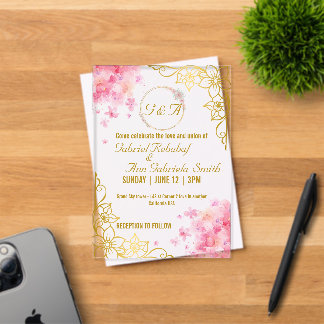Invitación de boda floral elegante en oro y rosa