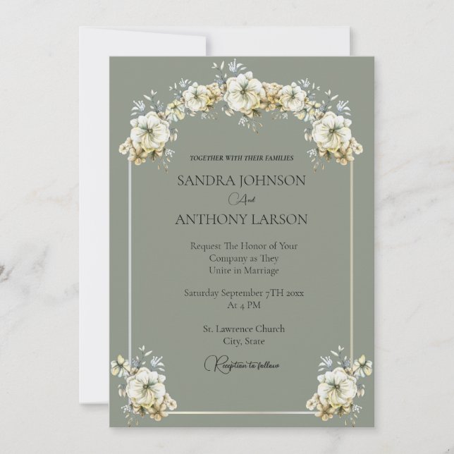 Invitación de boda floral elegante en verde salvia (Anverso)