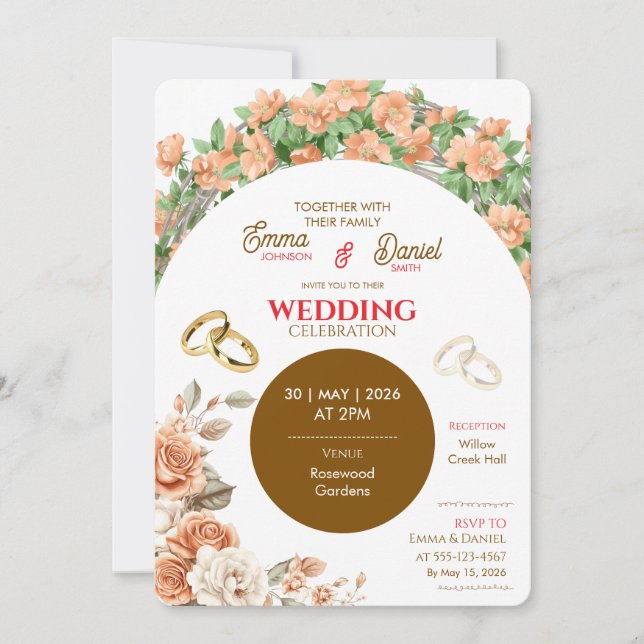 Invitación de boda floral elegante – Melocotón y d (Anverso)