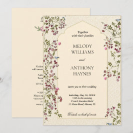 Invitación de boda floral elegante púrpura y verde