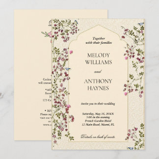 Invitación de boda floral elegante púrpura y verde