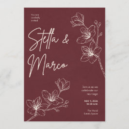 Invitación de Boda Floral Elegante - Rojo Burdeos