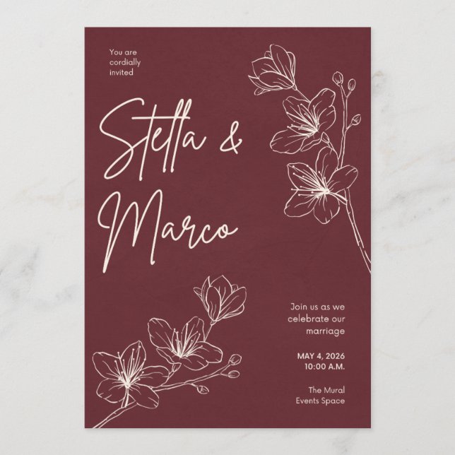 Invitación de Boda Floral Elegante - Rojo Burdeos  (Anverso)