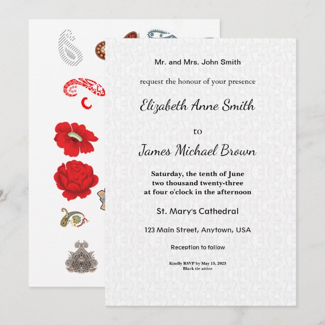 Invitación de Boda Floral Elegante Rosa Roja (Anverso / Reverso)