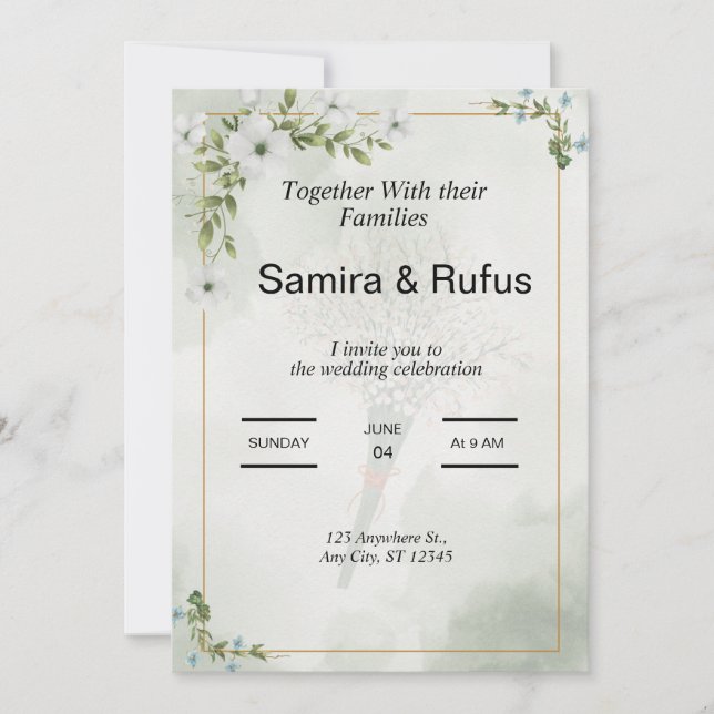 invitación de boda floral elegante verde y blanca (Anverso)