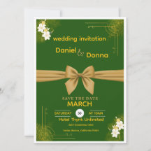 Invitación de boda floral elegante verde y dorada