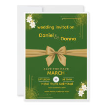 Invitación de boda floral elegante verde y dorada
