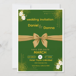 Invitación de boda floral elegante verde y dorada