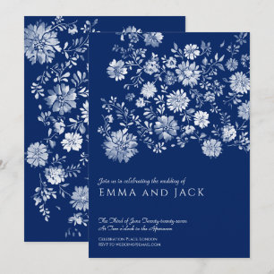 Invitación de boda floral en acuarela azul marino