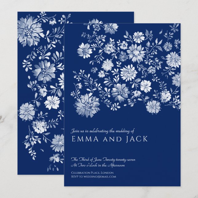Invitación de boda floral en acuarela azul marino (Anverso / Reverso)