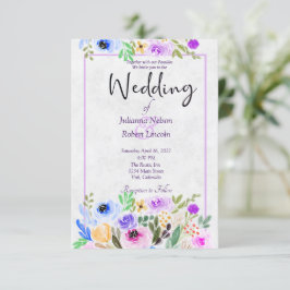 Invitación de boda floral en acuarela púrpura y az