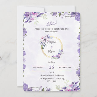 Invitación de boda floral en acuarela púrpura y ve