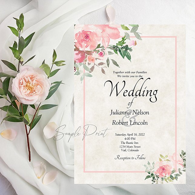 Invitación de boda floral en acuarela rosa Rubor e (Subido por el creador)