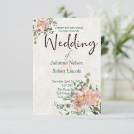 Invitación de boda floral en acuarela rosa y casca