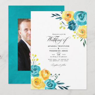Invitación de boda floral en acuarela turquesa y a