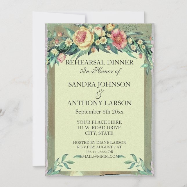 Invitación de boda floral en acuarela verde y rosa (Anverso)