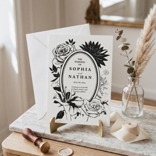 Invitación de boda floral en blanco y negro (Subido por el creador)