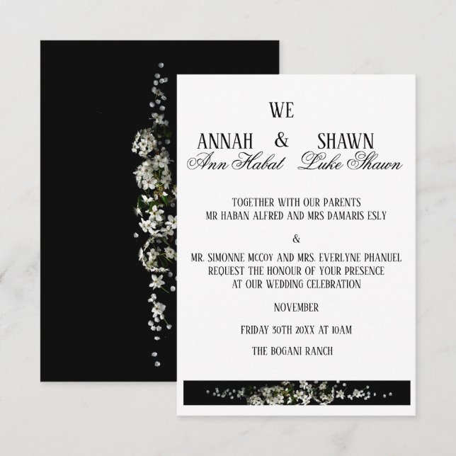 Invitación de boda floral en blanco y negro modern (Anverso / Reverso)