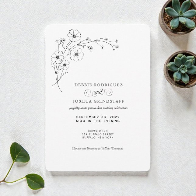 Invitación de boda floral en blanco y negro simpli (Subido por el creador)