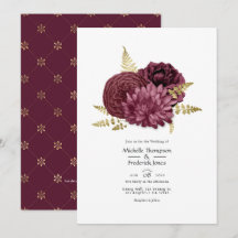 Invitación de boda floral en burgundy y oro con có