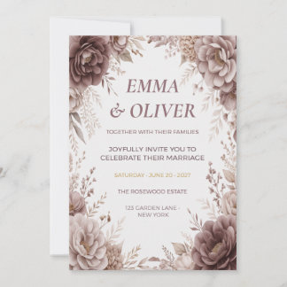 Invitación de boda floral en dusty mauve y taupe