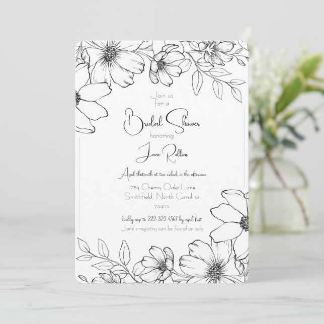 Invitación de boda floral en negro y blanco (Anverso de pie)