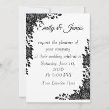Invitación de boda floral en negro y blanco