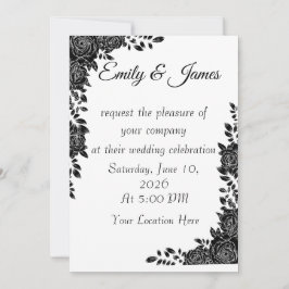 Invitación de boda floral en negro y blanco