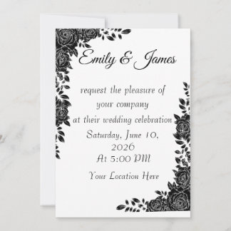 Invitación de boda floral en negro y blanco