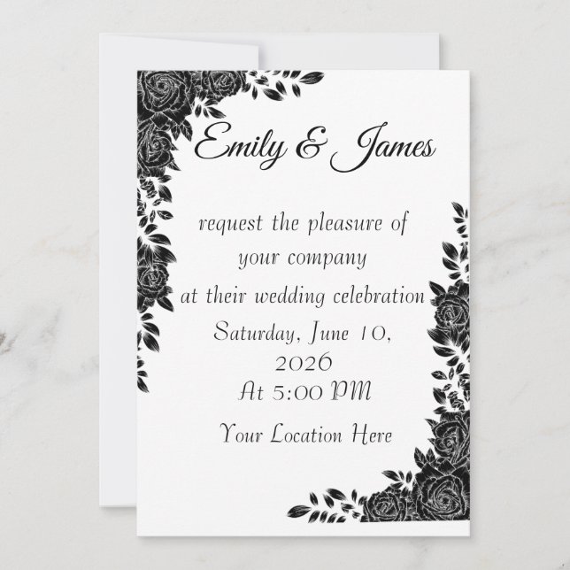 Invitación de boda floral en negro y blanco (Anverso)