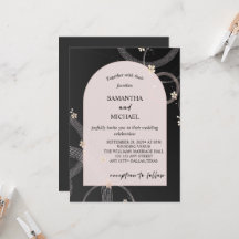 Invitación de boda floral en negro y dorado rosa
