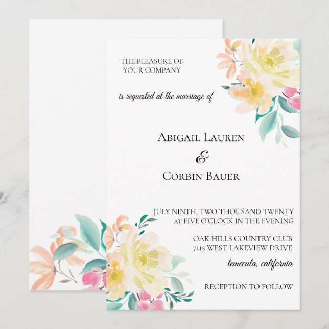 Invitación de Boda Floral en Pastel Garden (Anverso / Reverso)