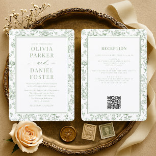 Invitación de boda floral en verde salvia con códi